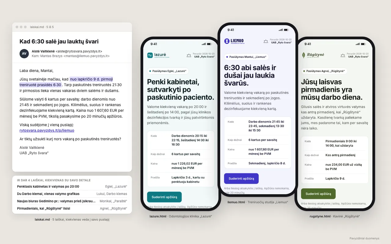 Asmeninis laiškas ir trys asmeniniai pasiūlymo puslapiai telefone