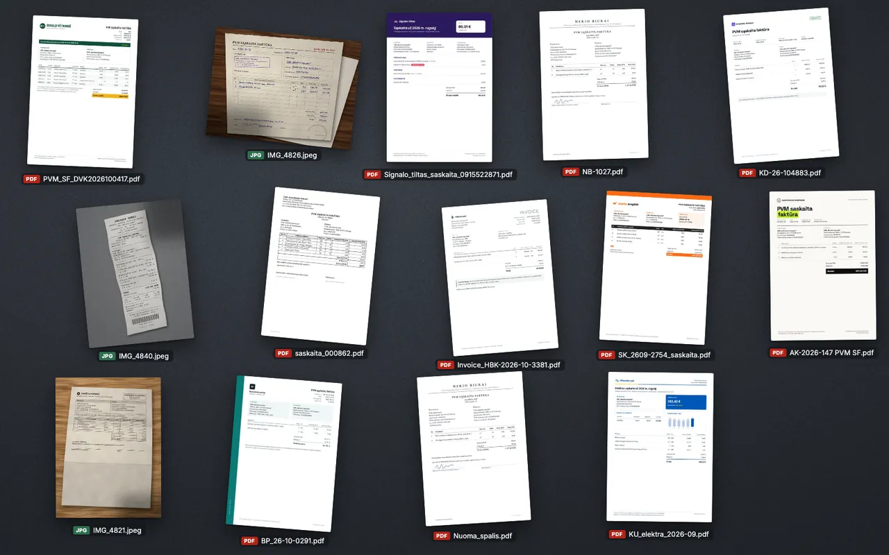 14 tiekėjų sąskaitų: PDF ir telefonu nufotografuoti čekiai