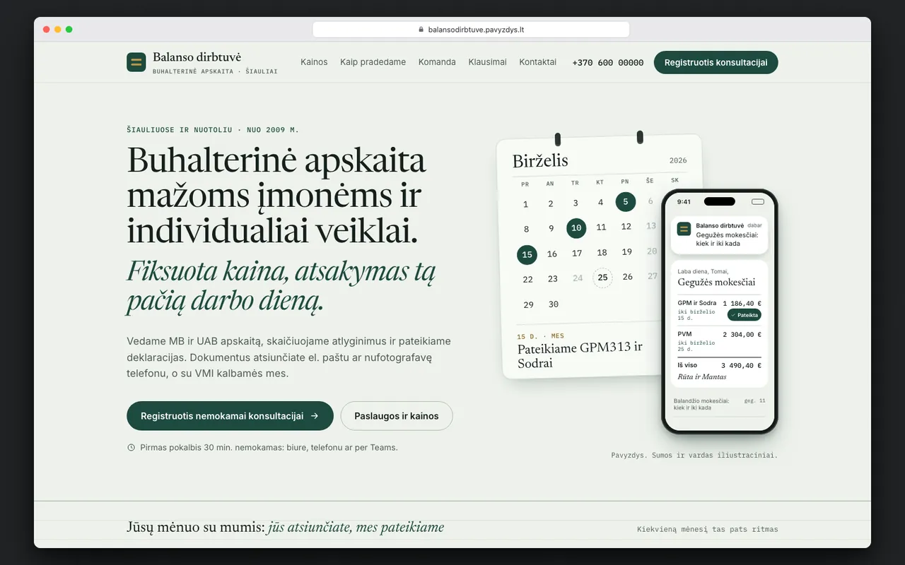 Nauja buhalterinės įmonės svetainė su kainomis ir registracija